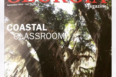 cover of university of georgia magazine with oaks and spanish moss overlaid with the text coastal classroom